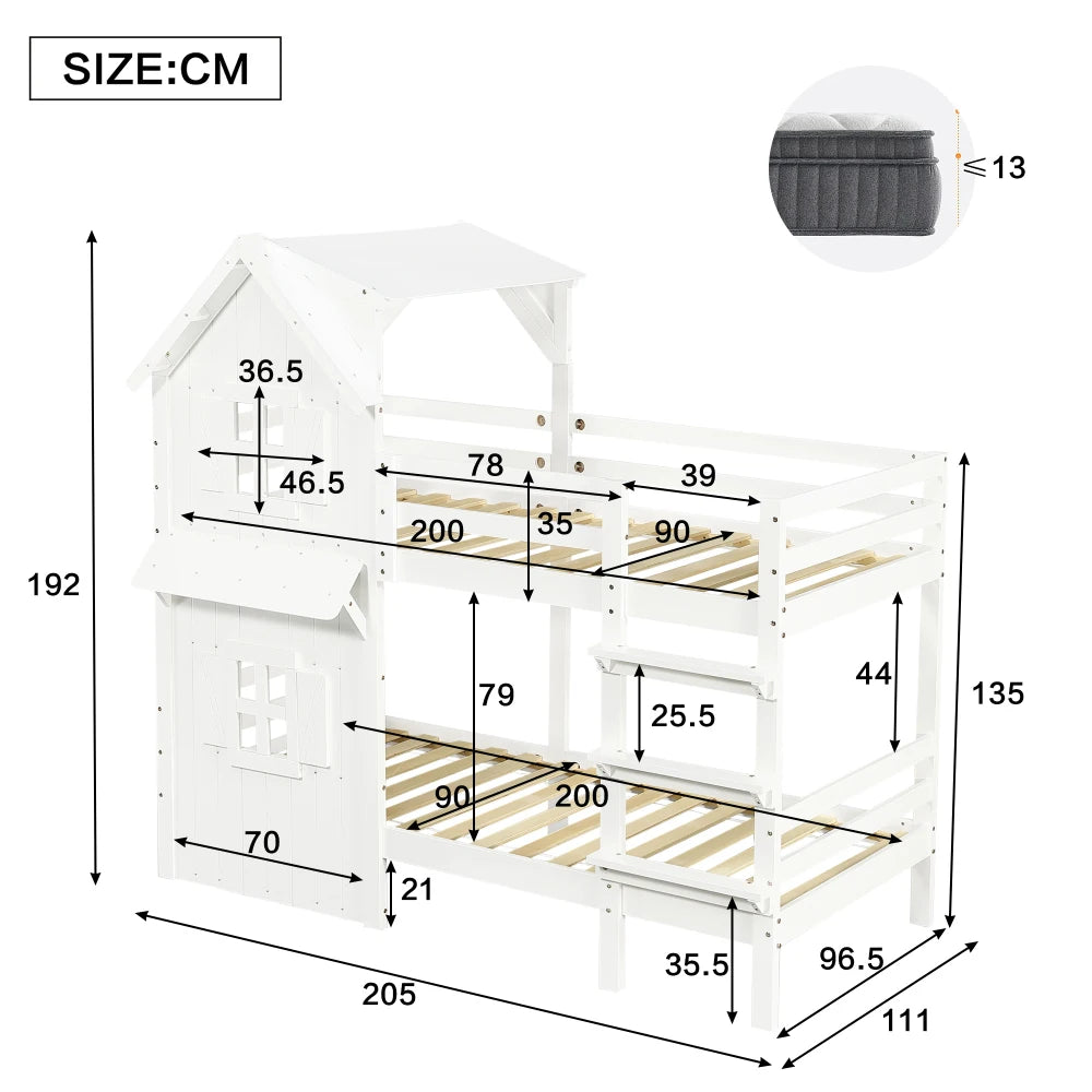 90x200cm Children's Bunk Bed, Beautiful Window and Roof