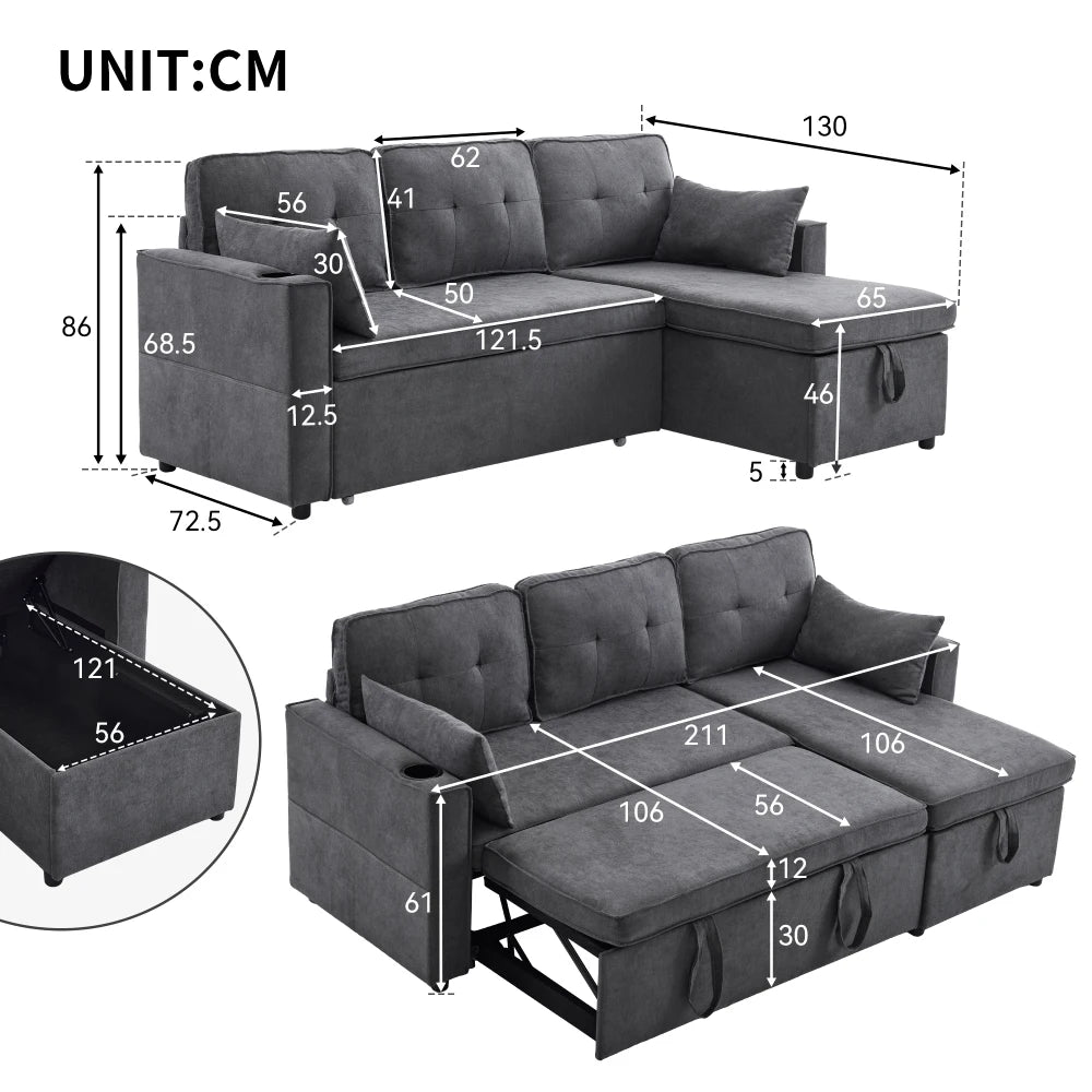 L-shaped Upholstered Sofa Bed with Sleeping Function