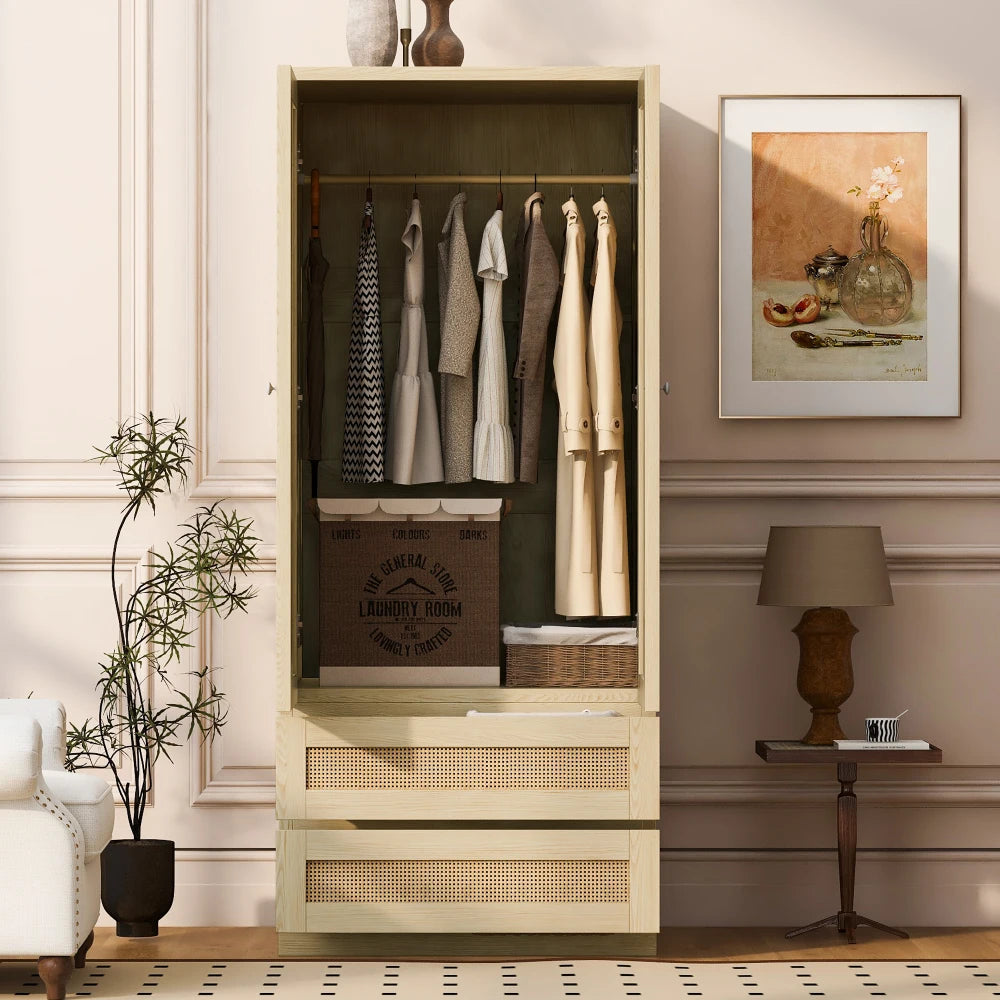 70x55x170cm Double Door Wardrobe with Artificial Rattan Doors