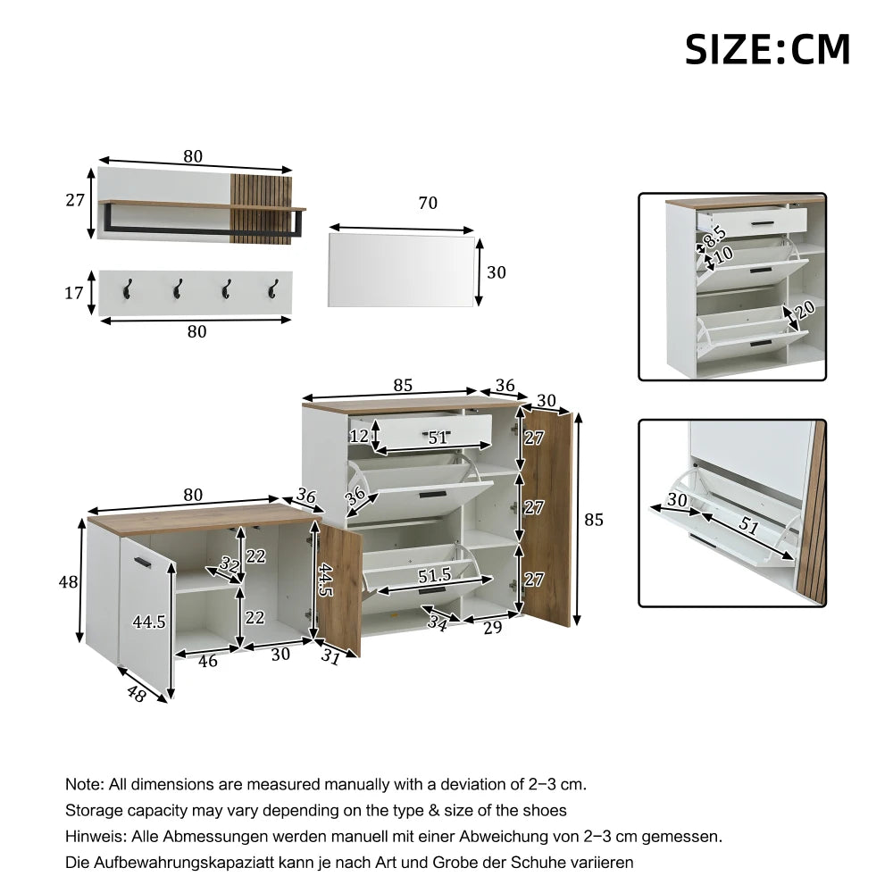 Shoe Cabinet + Wardrobe Rack Set, 5-piece, Shoe Cabinet, Shoe Bench, Mirror