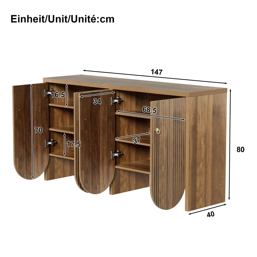 147×40×80cm Walnut Sideboard with 4 Doors