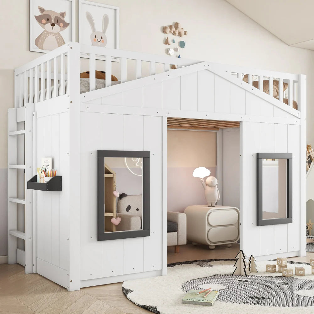 Modern Kids 90x200cm House Bunk Bed Pine Wood Frame with Stairs Window Parachute