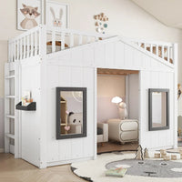 Modern Kids 90x200cm House Bunk Bed Pine Wood Frame with Stairs Window Parachute