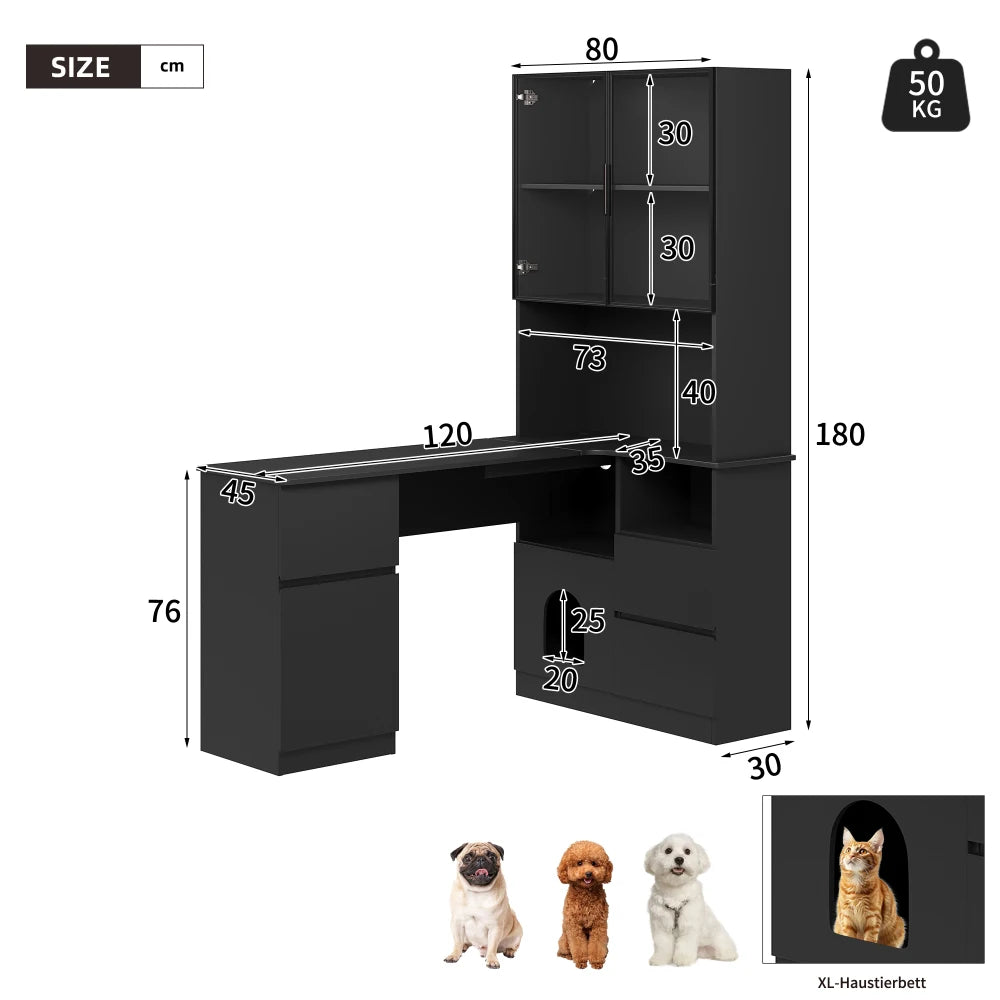 Corner Desk with Shelf and LED Display Cabinet, Desk with Cable Outlet
