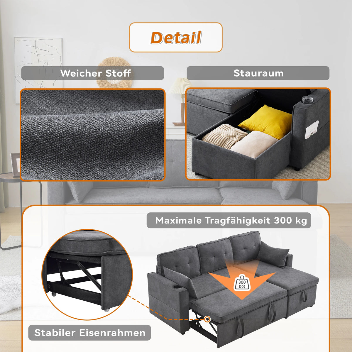 L-shaped Upholstered Sofa Bed with Sleeping Function