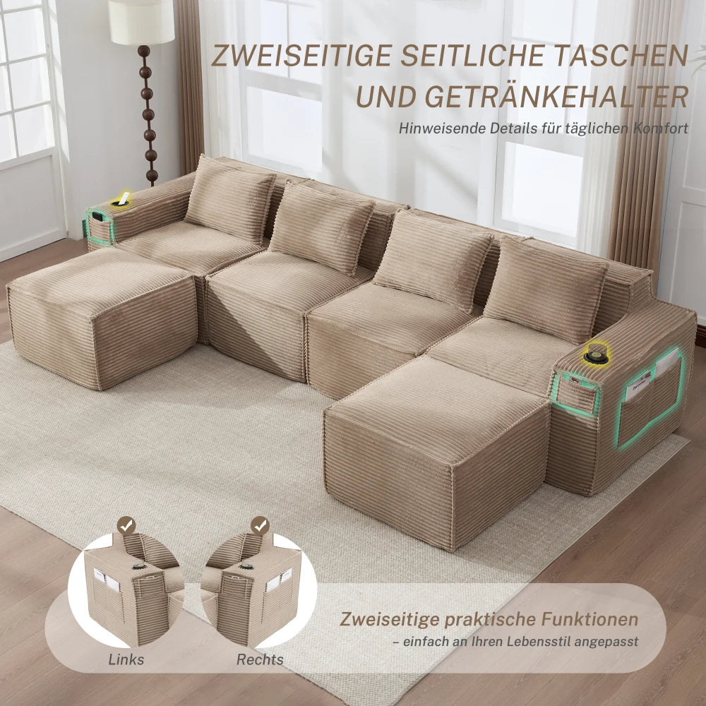 4-Seater Modular Corduroy Sofa Set with 2 Stools