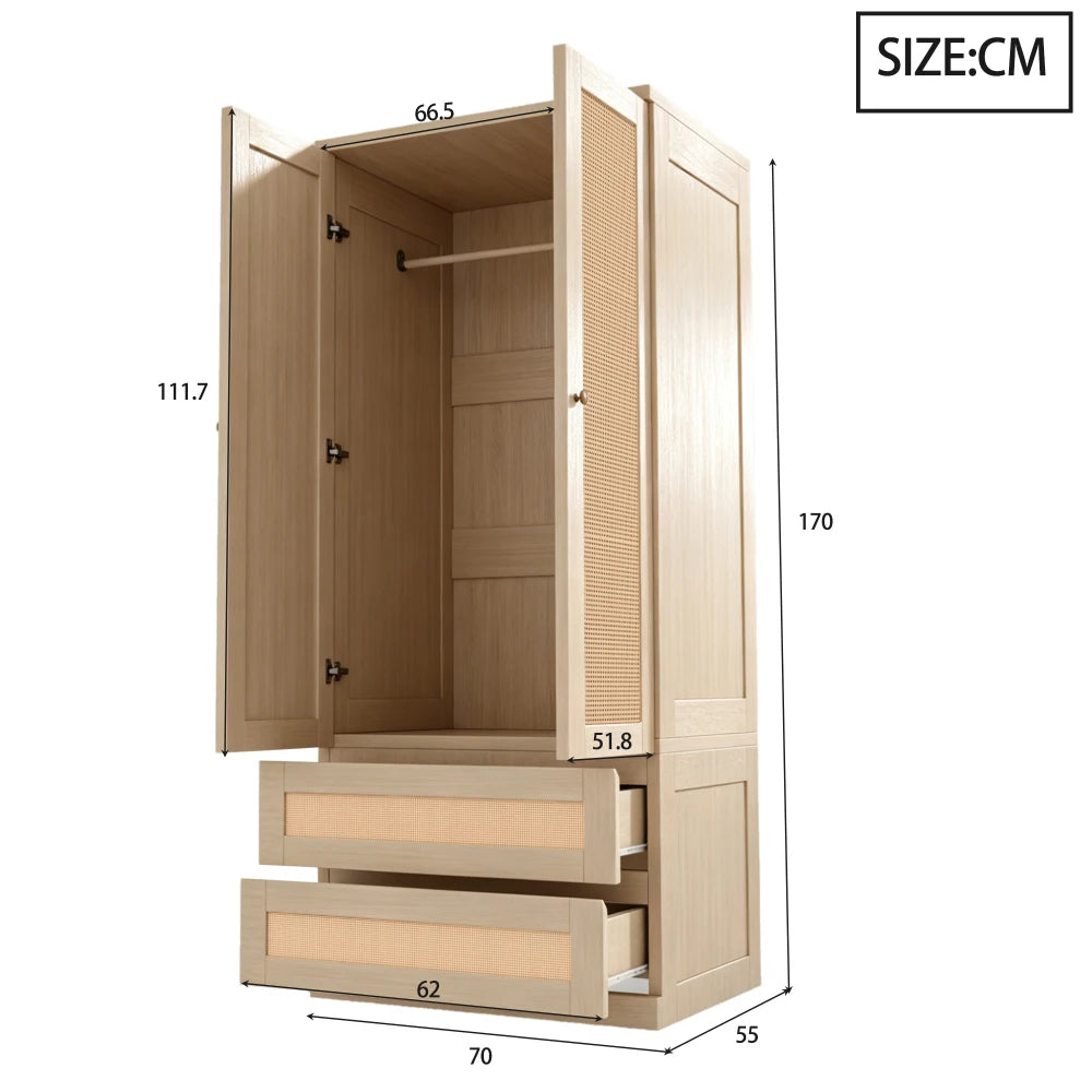 70x55x170cm Double Door Wardrobe with Artificial Rattan Doors