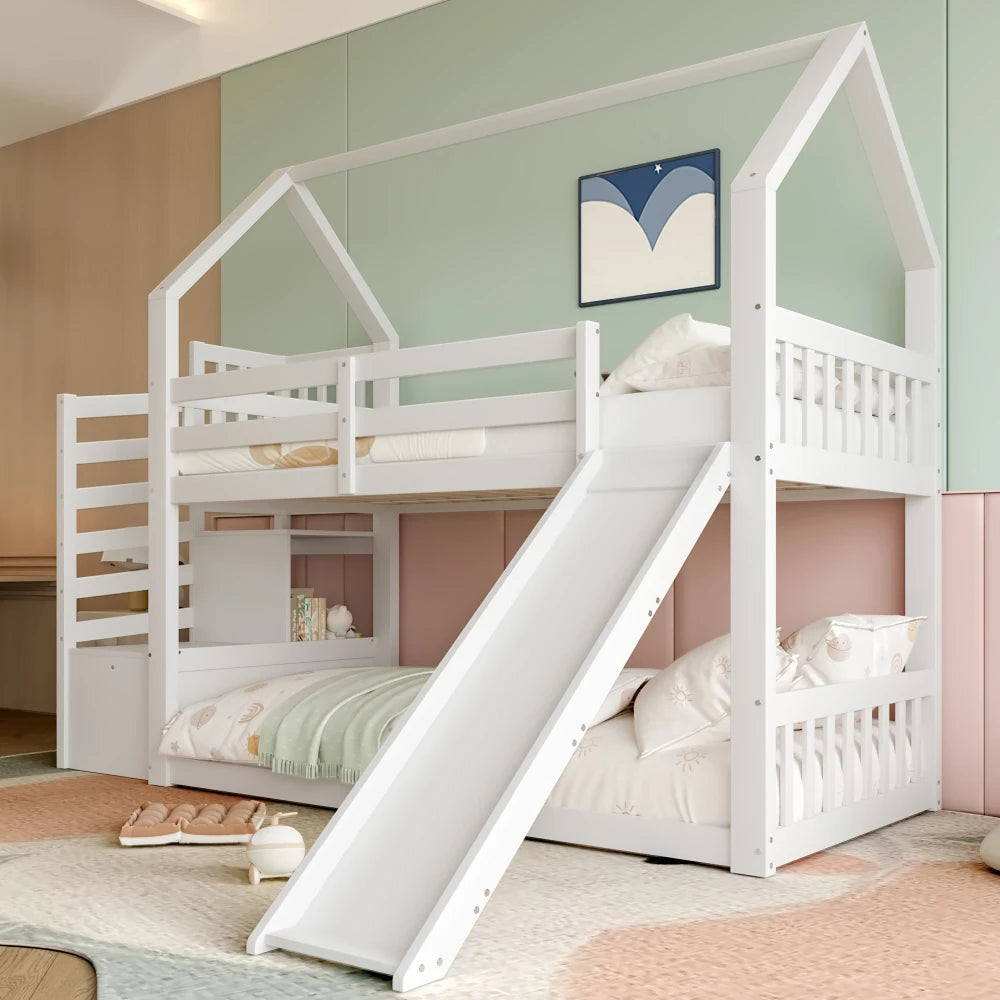 Bunk Bed with Staircase and Slide, House Bed(without Mattress)