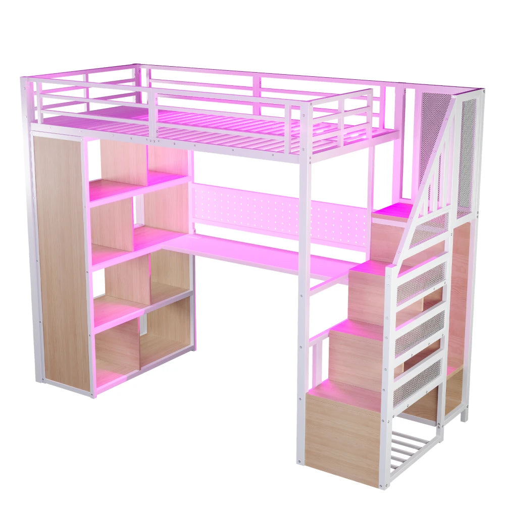 Højseng i metal 90x200 cm med garderobe og opbevaring