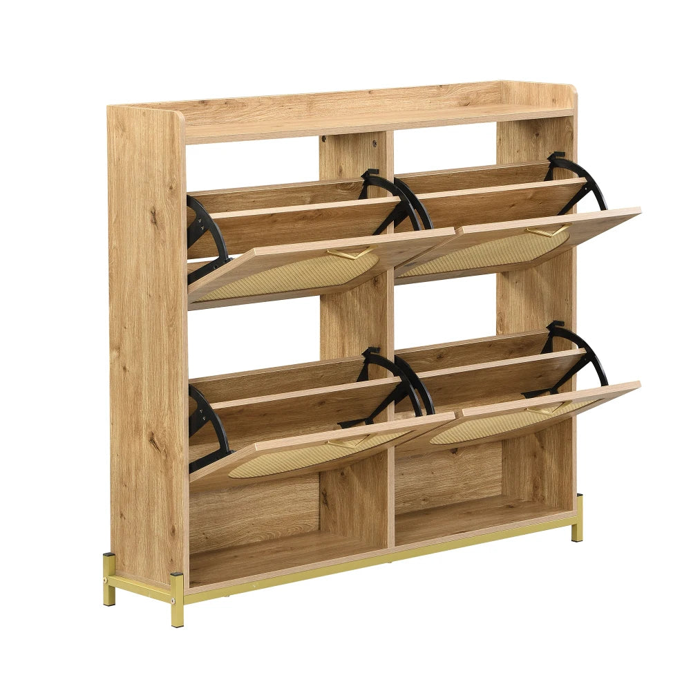 Elegant Wooden Shoe Cabinet with Rattan Doors, 4 Doors