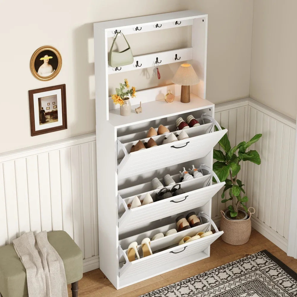 Shoe Cabinet with 3 Doors, Shoe Rack, Shoe Cabinet with Hooks