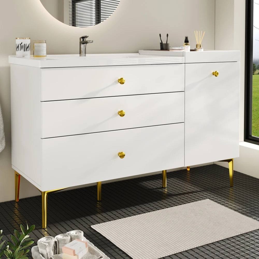 White Wall Mounted Bathroom Cabinet, Ceramic Sink Cabinet with Drawers