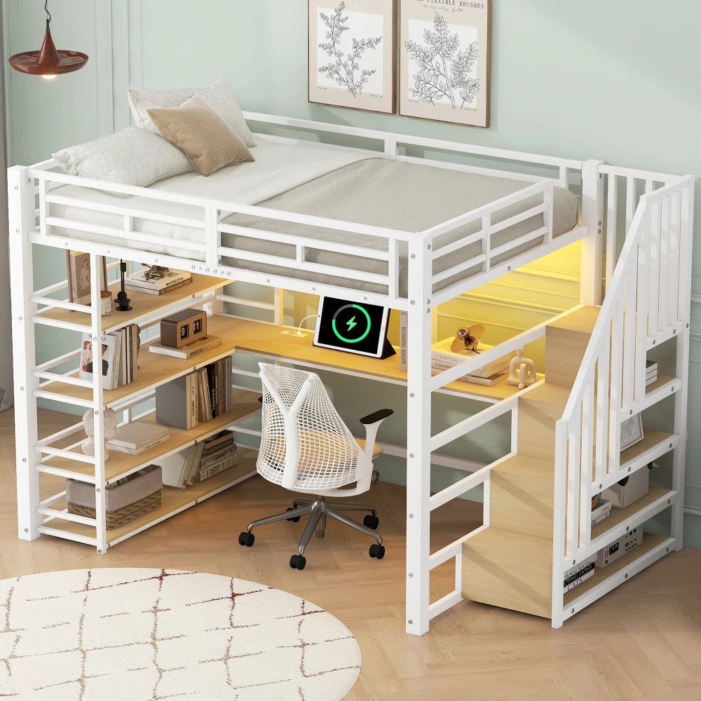 140x200cm Metal Bunk Bed with Stairs and Integrated Desk