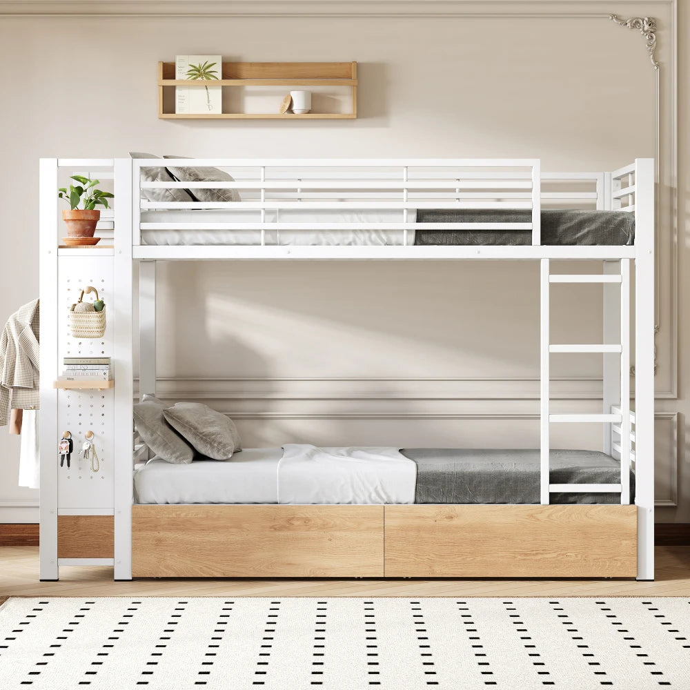 90x200cm White Metal Iron Frame Bunk Bed with 4 Storage Drawers