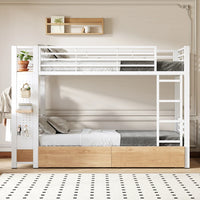 90x200cm White Metal Iron Frame Bunk Bed with 4 Storage Drawers