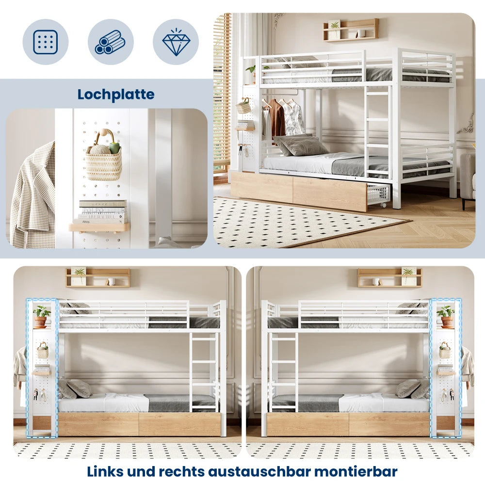 90x200cm White Metal Iron Frame Bunk Bed with 4 Storage Drawers