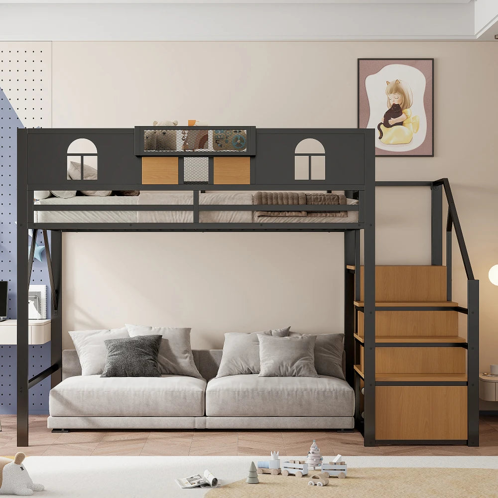 Metal High Bed 140 X 200 Cm, with Storage Guide, Window