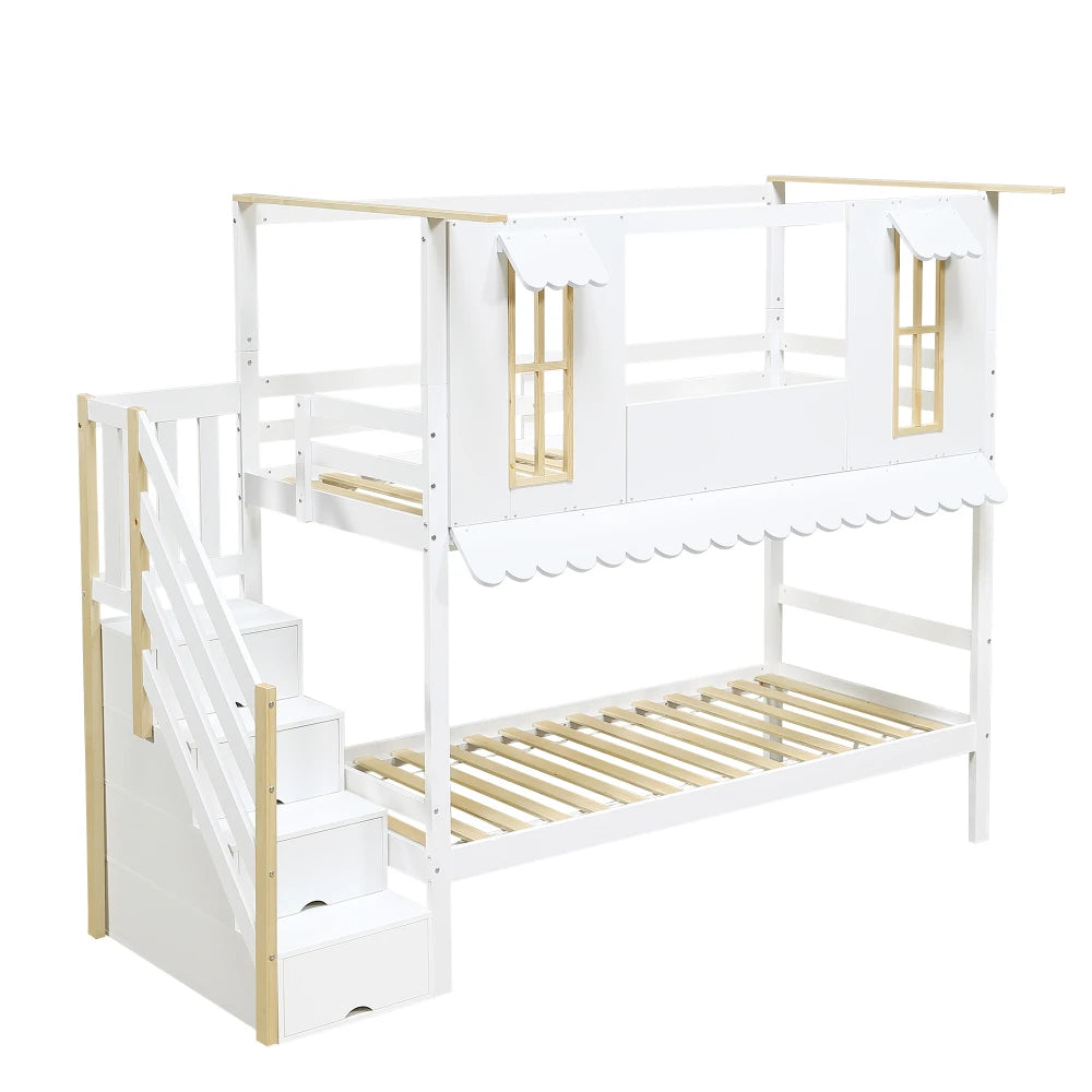 90x200cm Bunk Bed with Storage Staircase and Exquisite Window