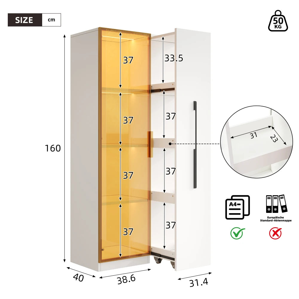 70×40×160cm Modern Large Showcase with Glass Doors