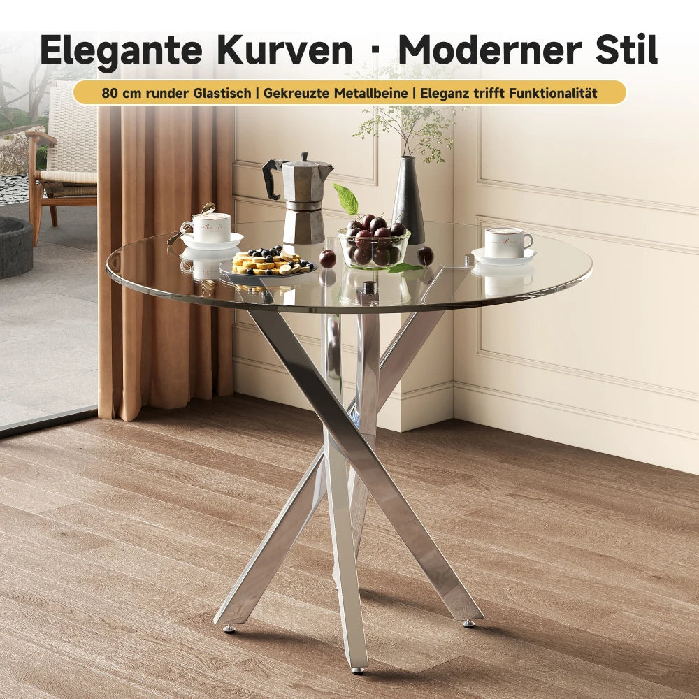 Round Dining Table, 80*80*75 Tempered Glass Table Top, Modern Dining Table