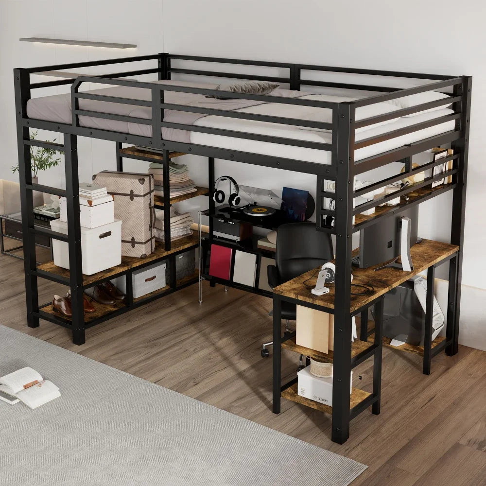 Modern Iron Bed, Bunk Bed, with Desk and Shelf, Stable Slat Grate
