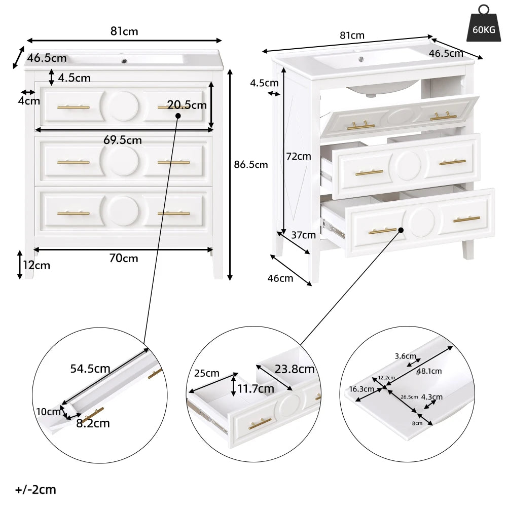 Freestanding White Bathroom cabinet with Ceramic Sink & Metal Handles