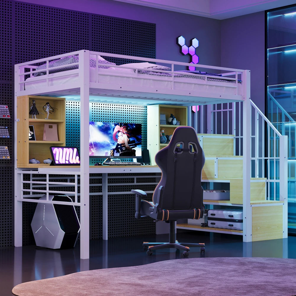 High Bed 90×200cm, with Shelf, Desk, Socket and LED Lighting