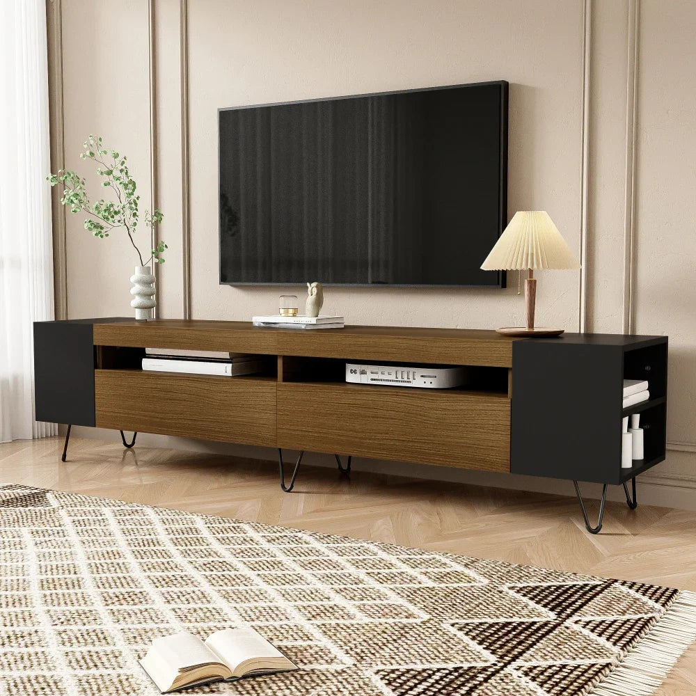 Modern TV Cabinet, Black and Wooden Optics, Length 180 Cm