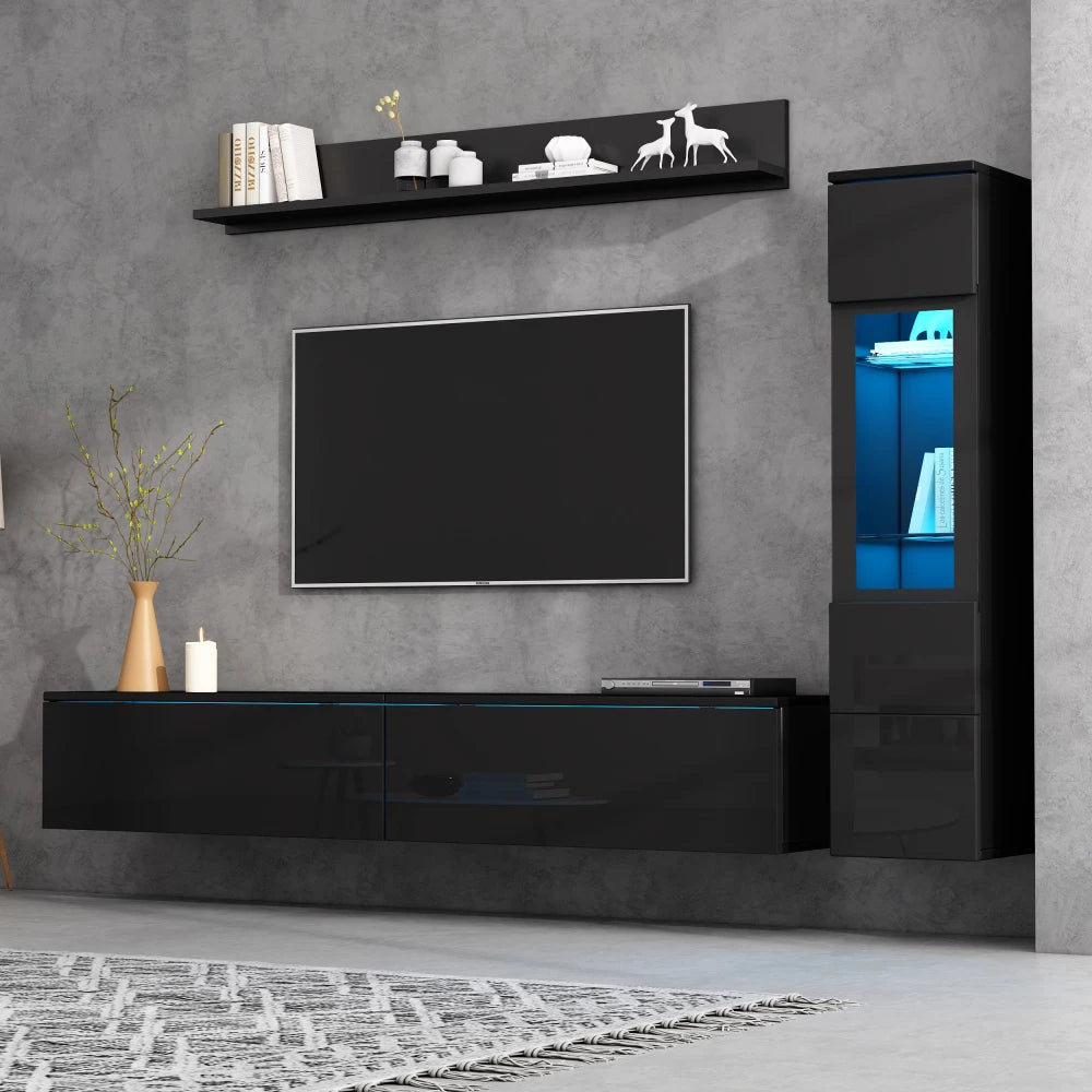 3-Piece TV Living Wall Set with LED Lighting, High Gloss Furniture Set