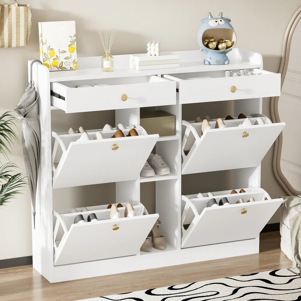 Elegant White Shoe Cabinet with 4 Folding Doors, 2 Drawers