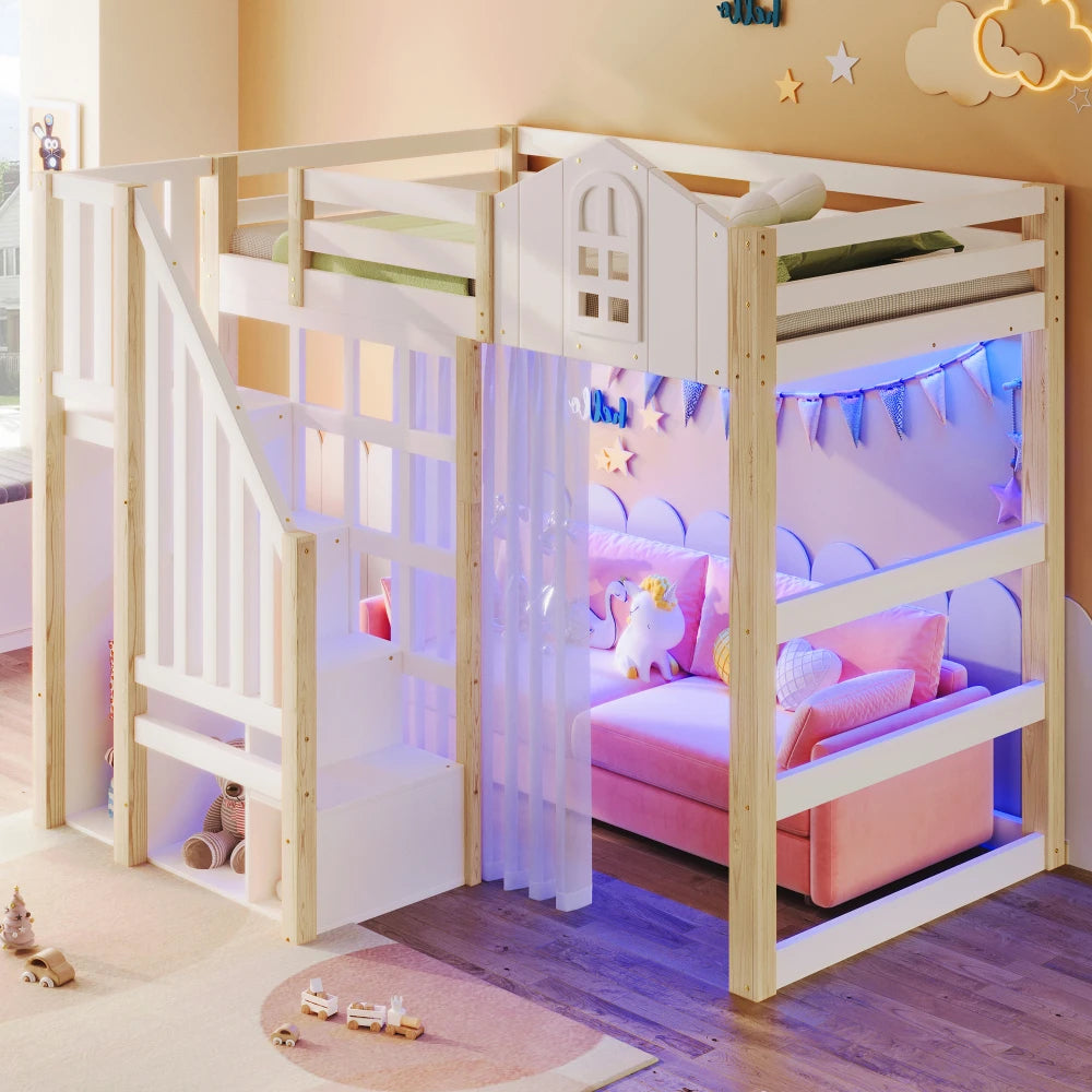 90x200cm Kids Bedroom High Bed, with LED Lights and Gauze, Window Shape