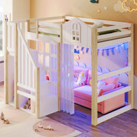 90x200cm Kids Bedroom High Bed, with LED Lights and Gauze, Window Shape
