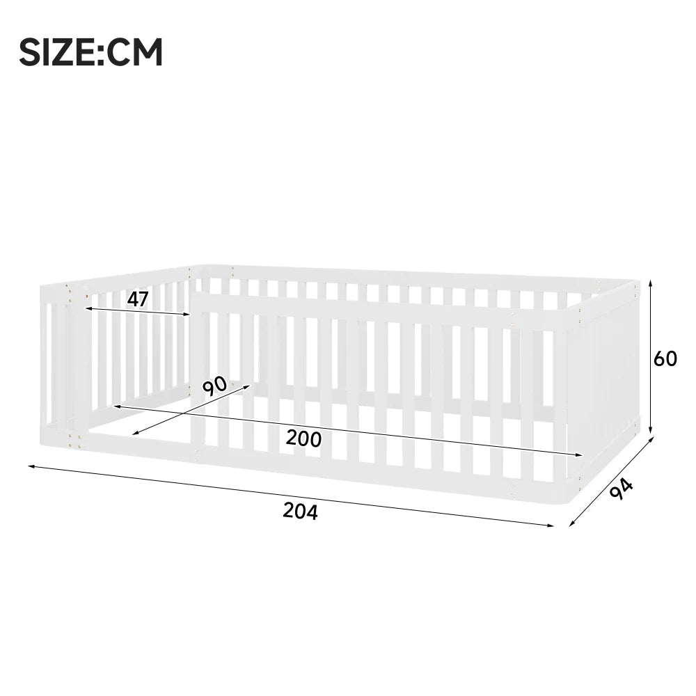 90x200cm Modern Wooden Bed Frame with Savety Fence, Children's Bed, Cot