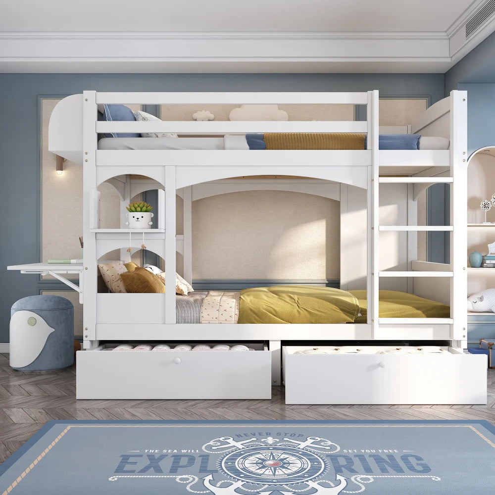 90*200 Multifunctional Children's Double Bed, with Folding Desk and Shelf