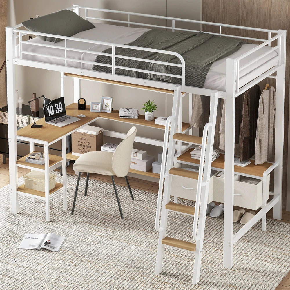 Iron Bed, Bunk Bed, Including Two Storage Boxes, with Desk and Storage Rack