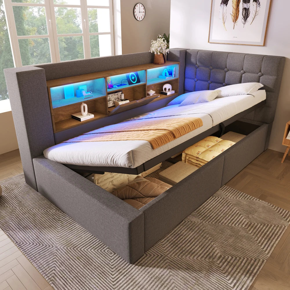 Upholstered Bed with LED Lighting, Hydraulic Storage Room, L-shaped Head