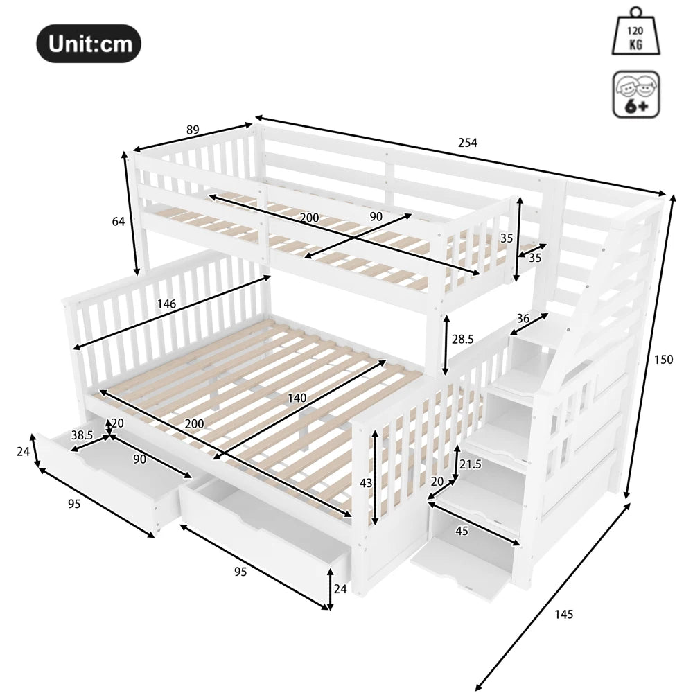 90x200 & 140x200 Children's Bunk Bed with Drawers and Staircase Storage Cabinet