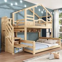 90x200/140x200cm Bunk Bed Children House Bed Natural Wood with Staircase Storage