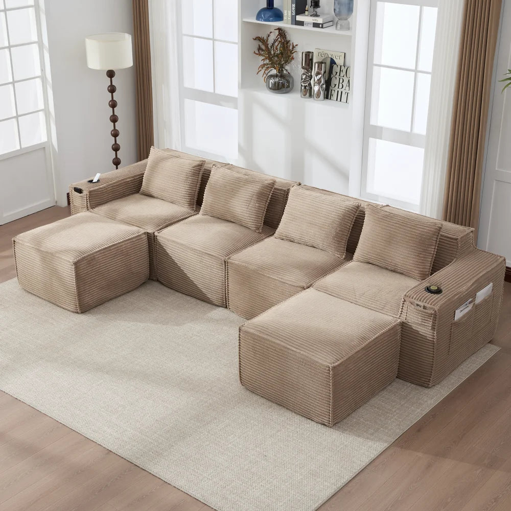 4-Seater Modular Corduroy Sofa Set with 2 Stools