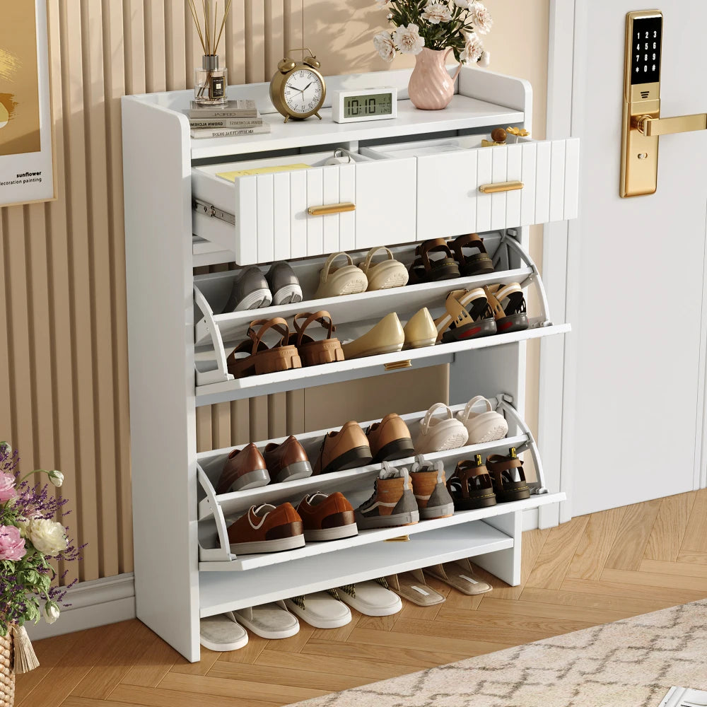 75x24x108.5cm Shoe Cabinet with Folding Compartments & 2 Drawers