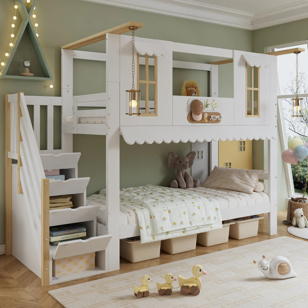 90x200cm Bunk Bed with Storage Staircase and Exquisite Window