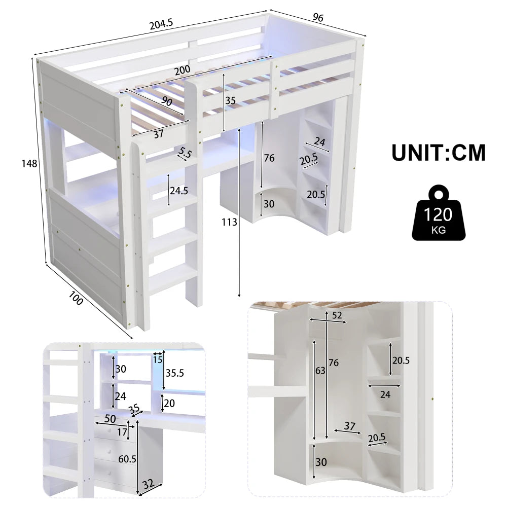90 X 200cm/140 × 200cm High Bunk Bed, with LED Lights and Wardrobe