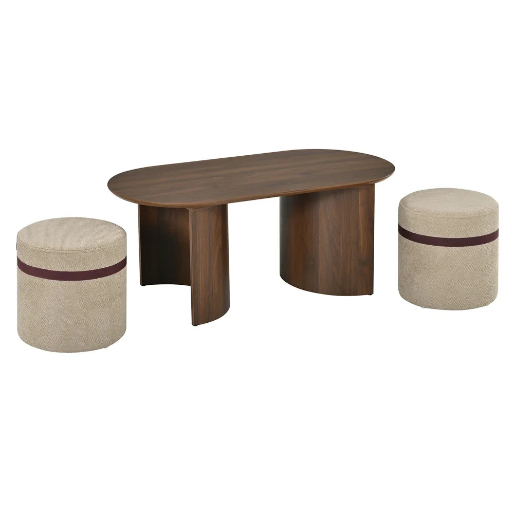 Oval Coffee Table Set with 2 Upholstered Armchairs