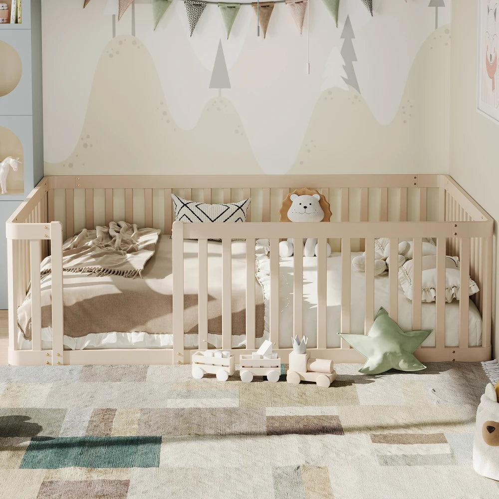 90x200cm Modern Wooden Bed Frame with Savety Fence, Children's Bed, Cot