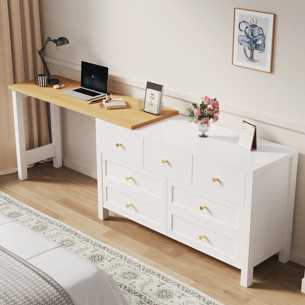 Desk with 7 Drawers Chest of Drawers -2-in-1 Turntable and Sideboard