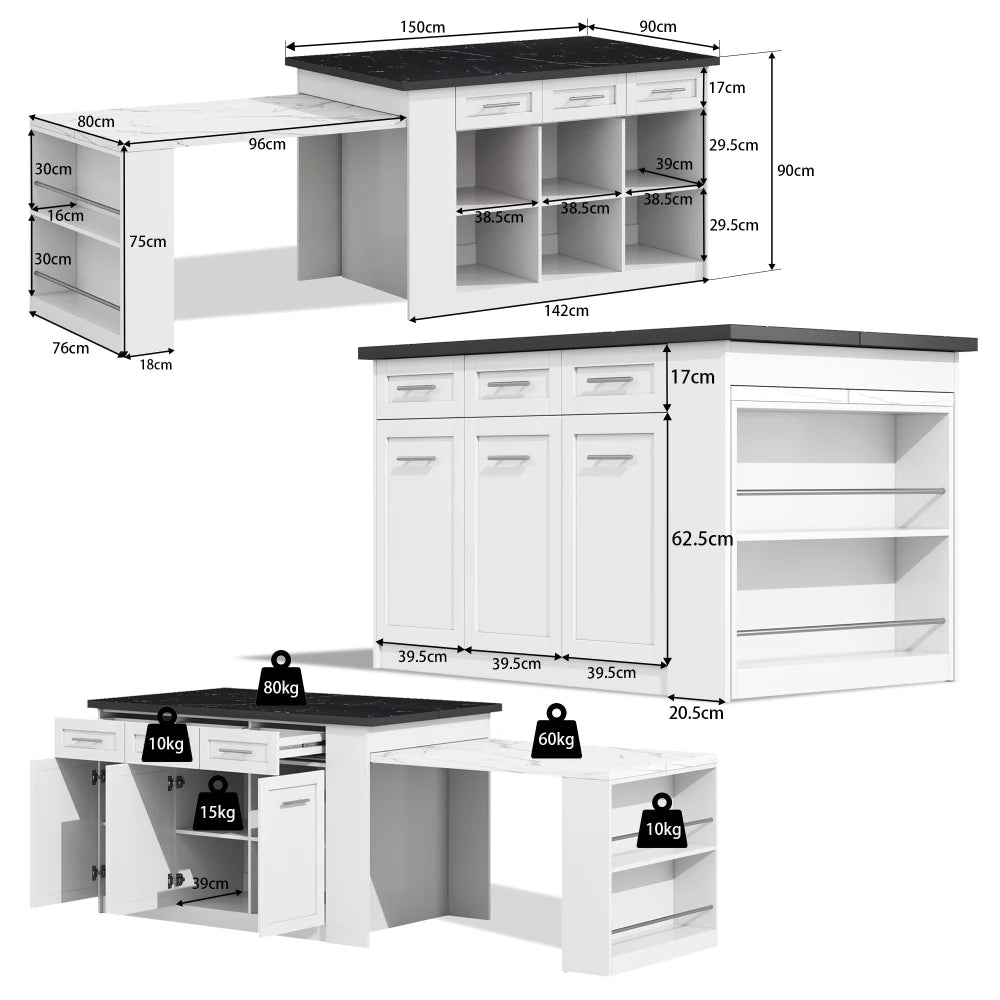 Kitchen Island with 150cm+96cm, Extendable Dining Table