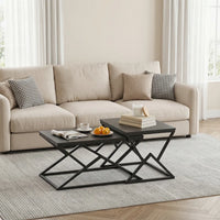 Black Modern Geometric Coffee Table, Wooden Top with Stable Metal Frame