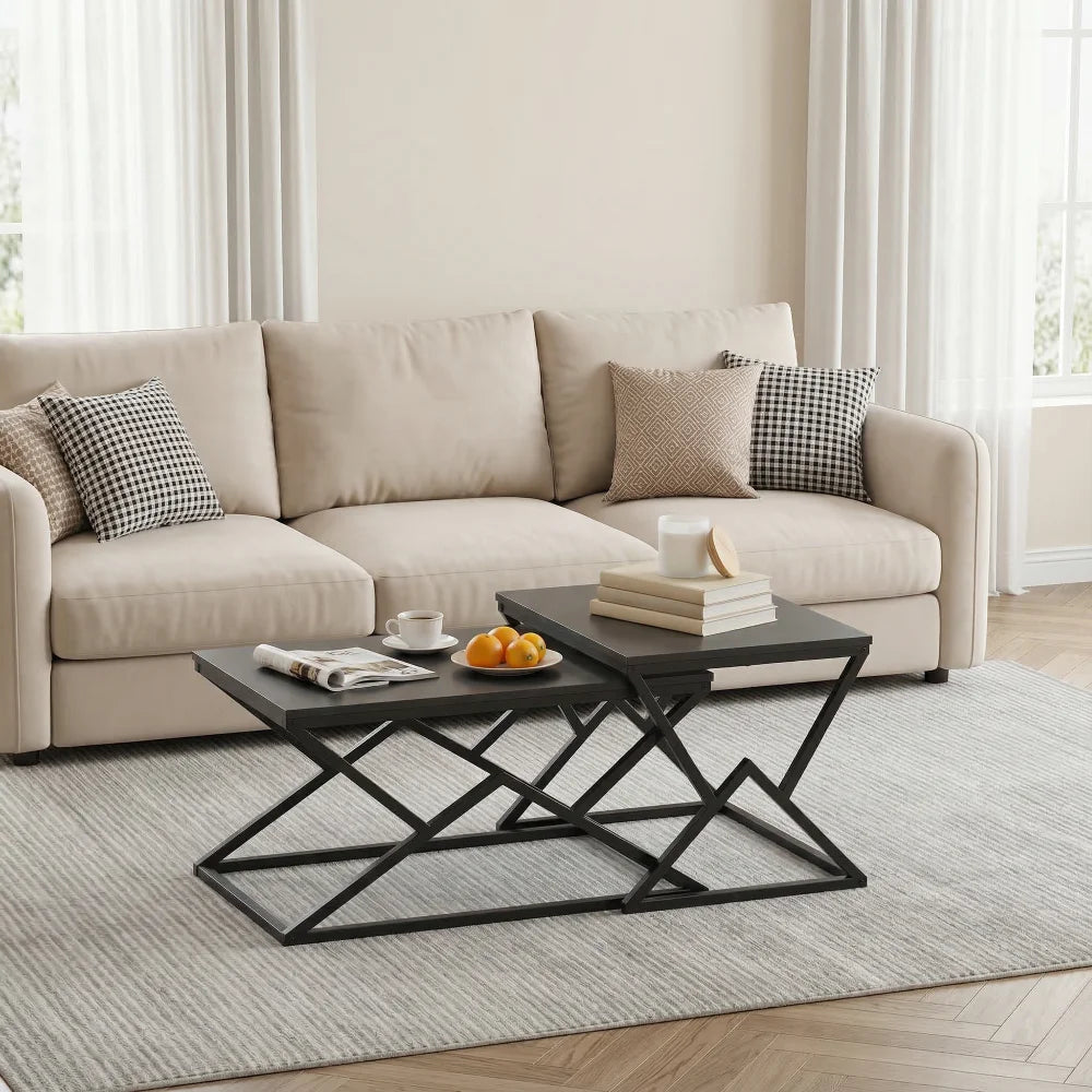 Black Modern Geometric Coffee Table, Wooden Top with Stable Metal Frame