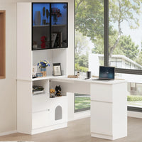 Corner Desk with Shelf and LED Display Cabinet, Desk with Cable Outlet