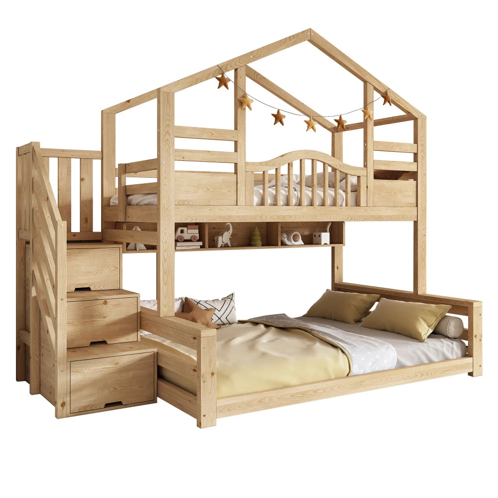 90x200/140x200cm Bunk Bed Children House Bed Natural Wood with Staircase Storage